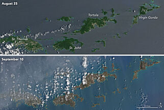 Satellittbilder viser de ekstreme ødeleggelsene etter orkanen «Irma». Øyene har skiftet farge