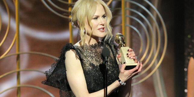 This image released by NBC shows Nicole Kidman accepting the award for best performance by an actress in a limited series or motion picture made for TV for her role in "Big Little Lies," at the 75th Annual Golden Globe Awards in beverly Hills, Calif., on Sunday, Jan. 7, 2018. (Paul Drinkwater/NBC via AP)