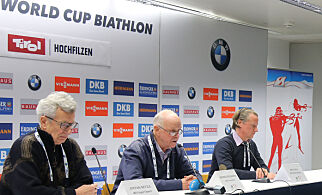 10/12/2017, Hochfilzen - IBU World Cup Biathlon 2018. IBU Executive Board Press Conference with IBU President Anders Besseberg about Russian Doping Scandale, in Hochfilzen, Austria on December 10, 2017;
Pictured: Stefan Netzle (IBU Legal Expert), IBU President Anders Besseberg and Jaka Lucu
Ref: SPL1635684 101217
Picture by: Pierre Teyssot / Splash News
Splash News and Pictures
Los Angeles: 310-821-2666
New York: 212-619-2666
London: 870-934-2666
photodesk@splashnews.com